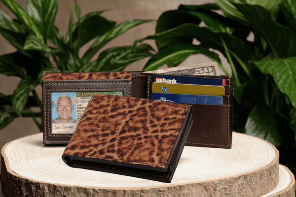 Rustic Brown Elephant Luxury Designer Exotic Bifold Wallet With Flip Up ID Window - AmishMadeBelts.com