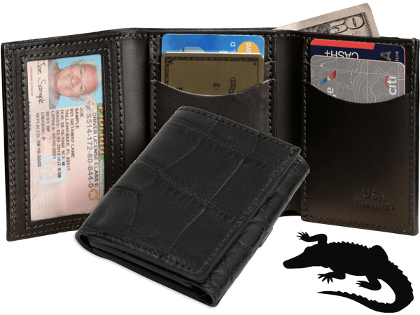 Black Alligator Luxury Designer Exotic Trifold Wallet With ID Window - AmishMadeBelts.com
