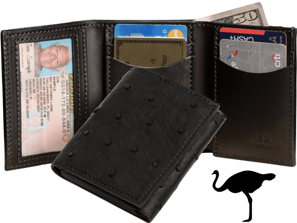 Black Ostrich Full Quill Luxury Designer Exotic Trifold Wallet With ID Window - AmishMadeBelts.com