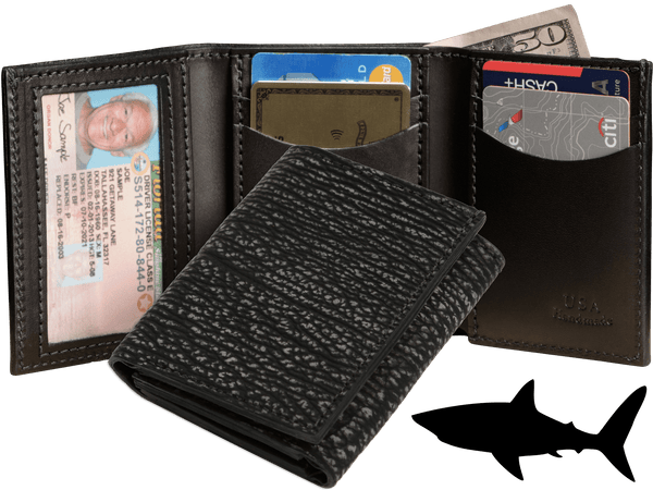 Black Suede Shark Luxury Designer Exotic Trifold Wallet With ID Window - AmishMadeBelts.com