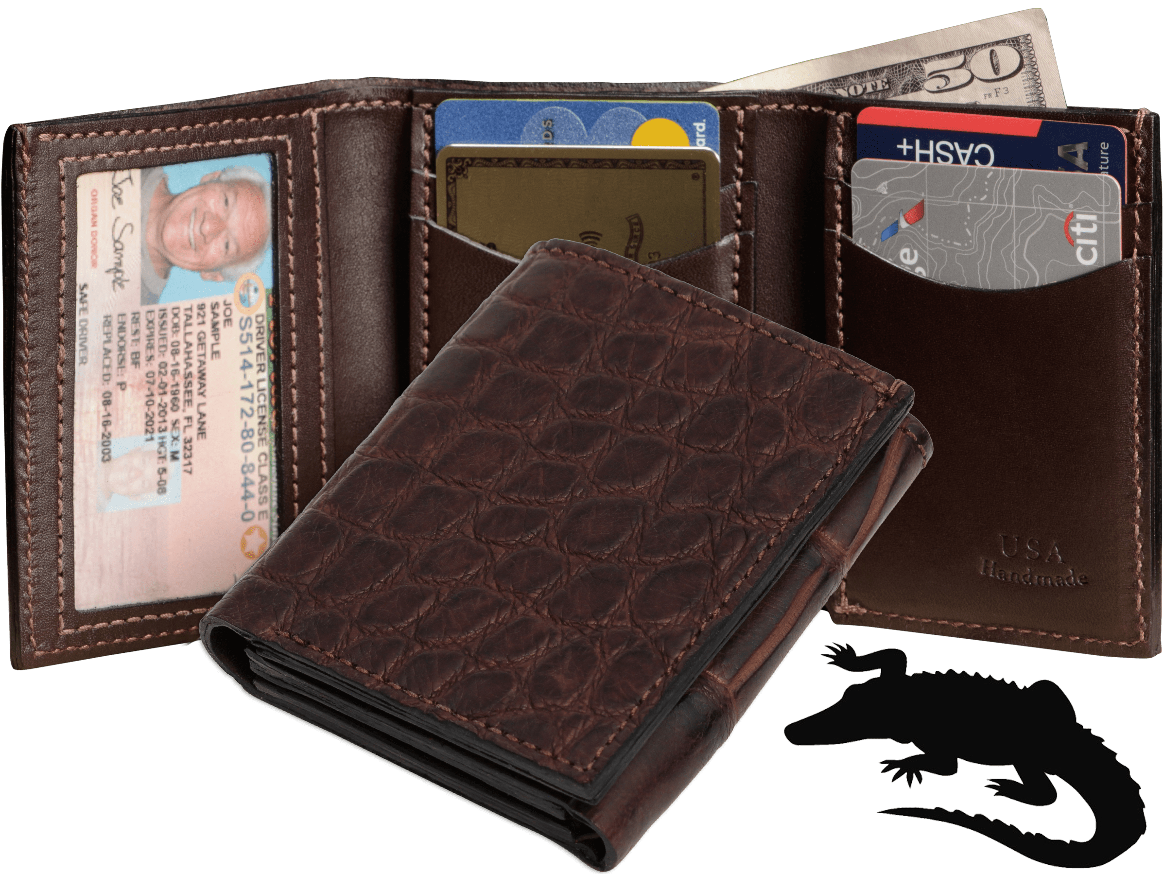 Brown Alligator Luxury Designer Exotic Trifold Wallet With ID Window ...