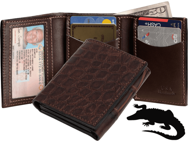 Brown Alligator Luxury Designer Exotic Trifold Wallet With ID Window - AmishMadeBelts.com