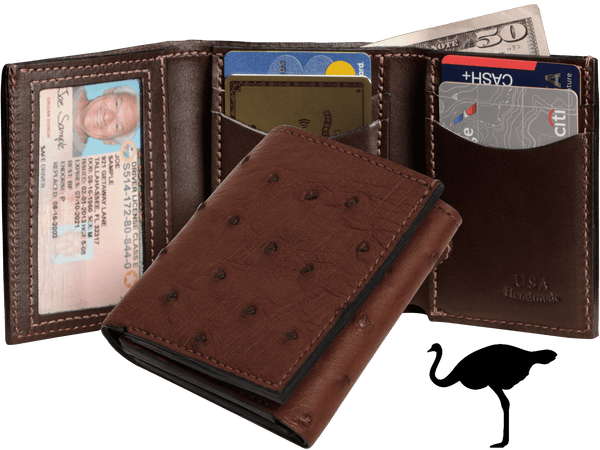Brown Ostrich Full Quill Luxury Designer Exotic Trifold Wallet With ID Window - AmishMadeBelts.com