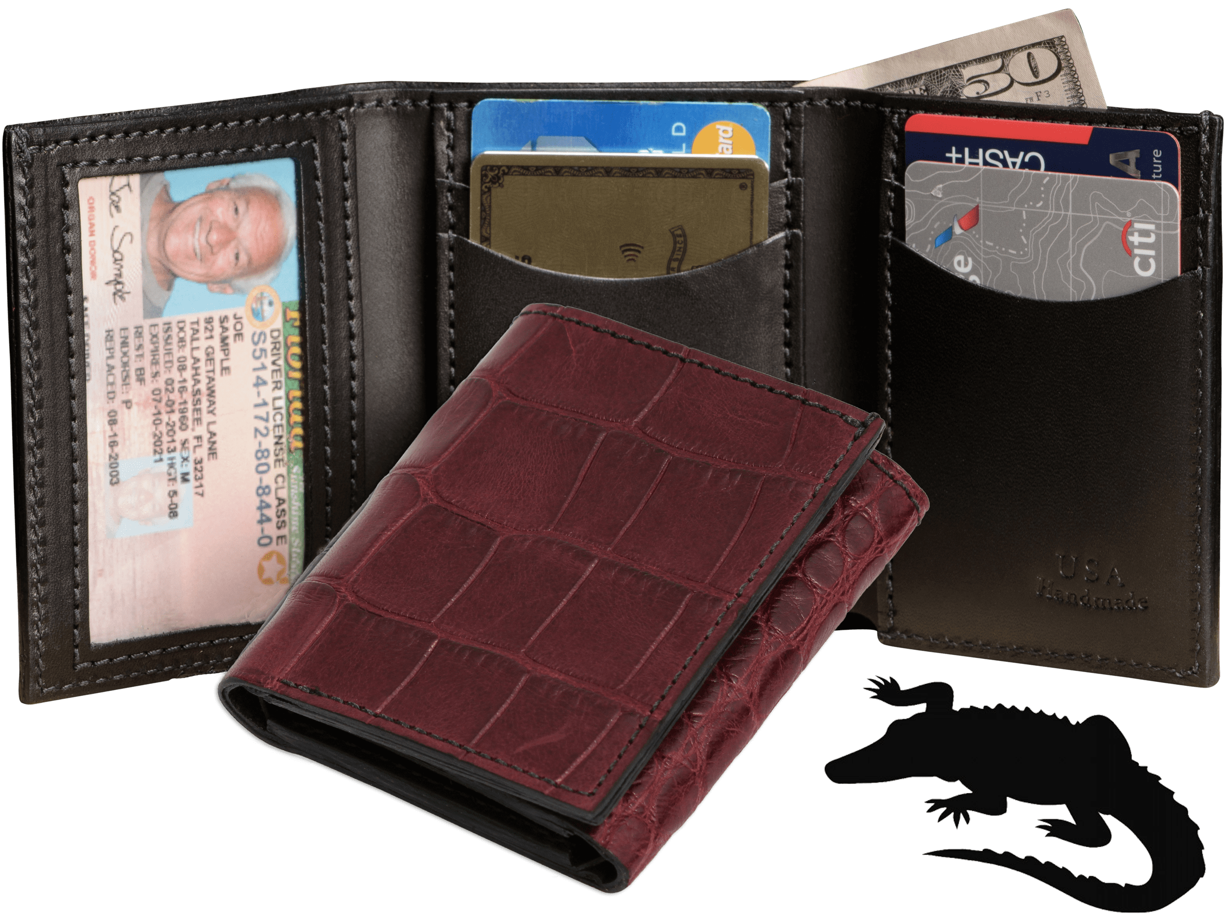 Burgundy Alligator Luxury Designer Exotic Trifold Wallet With ID Windo