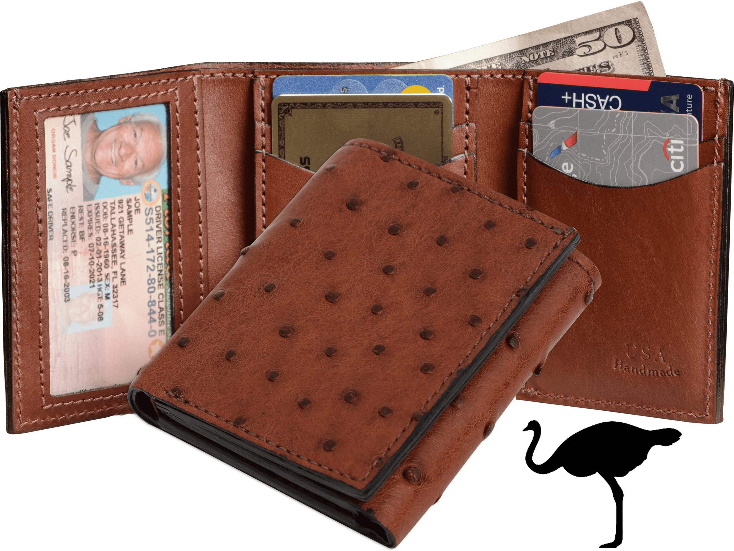 Cognac Ostrich Full Quill Luxury Designer Exotic Trifold Wallet With I