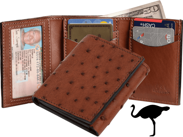 Cognac Ostrich Full Quill Luxury Designer Exotic Trifold Wallet With ID Window - AmishMadeBelts.com