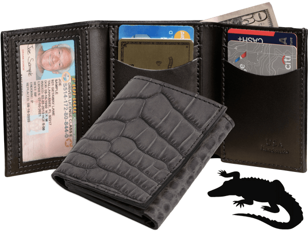 Gray Alligator Luxury Designer Exotic Trifold Wallet With ID Window - AmishMadeBelts.com