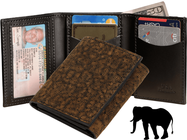 Tree Bark Elephant Luxury Designer Exotic Trifold Wallet With ID Window - AmishMadeBelts.com