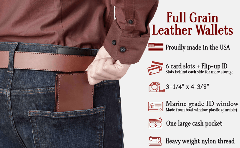 Medium Brown Premium Leather Bifold Wallet With Flip Up ID Window - Amish Made Belts