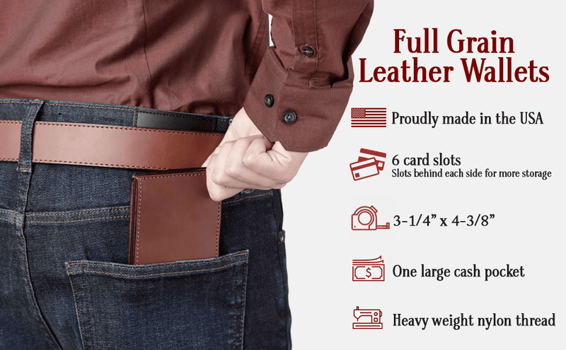 Medium Brown Premium Leather 6 Card Slot Bifold Wallet - Amish Made Belts