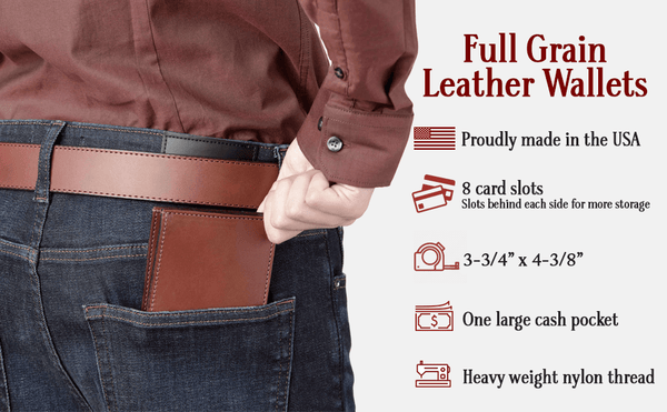 Medium Brown Premium Leather 8 Card Slot Bifold Wallet - Amish Made Belts