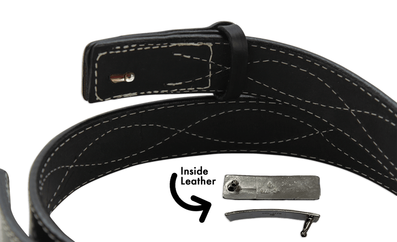 The Pit Boss: Black Figure 8 White Stitched Buckle-less Ball Hook 1.50" - Amish Made Belts