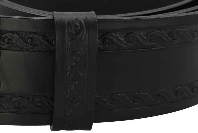 Black Santa Belt 3.5" Oak Leaf Embossed Keeper Loop - Amish Made Belts