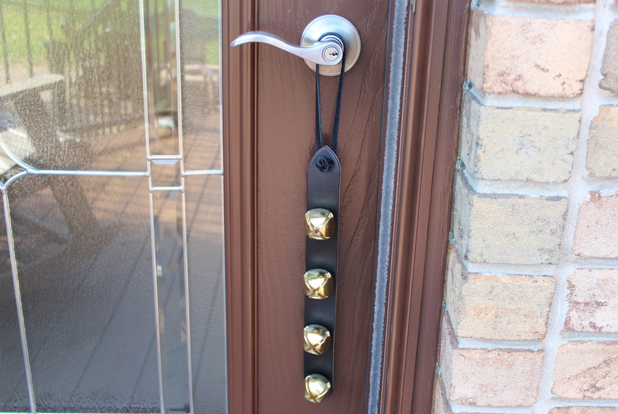 Black Leather Holiday Door Bell With Leather String Attachment (Ships