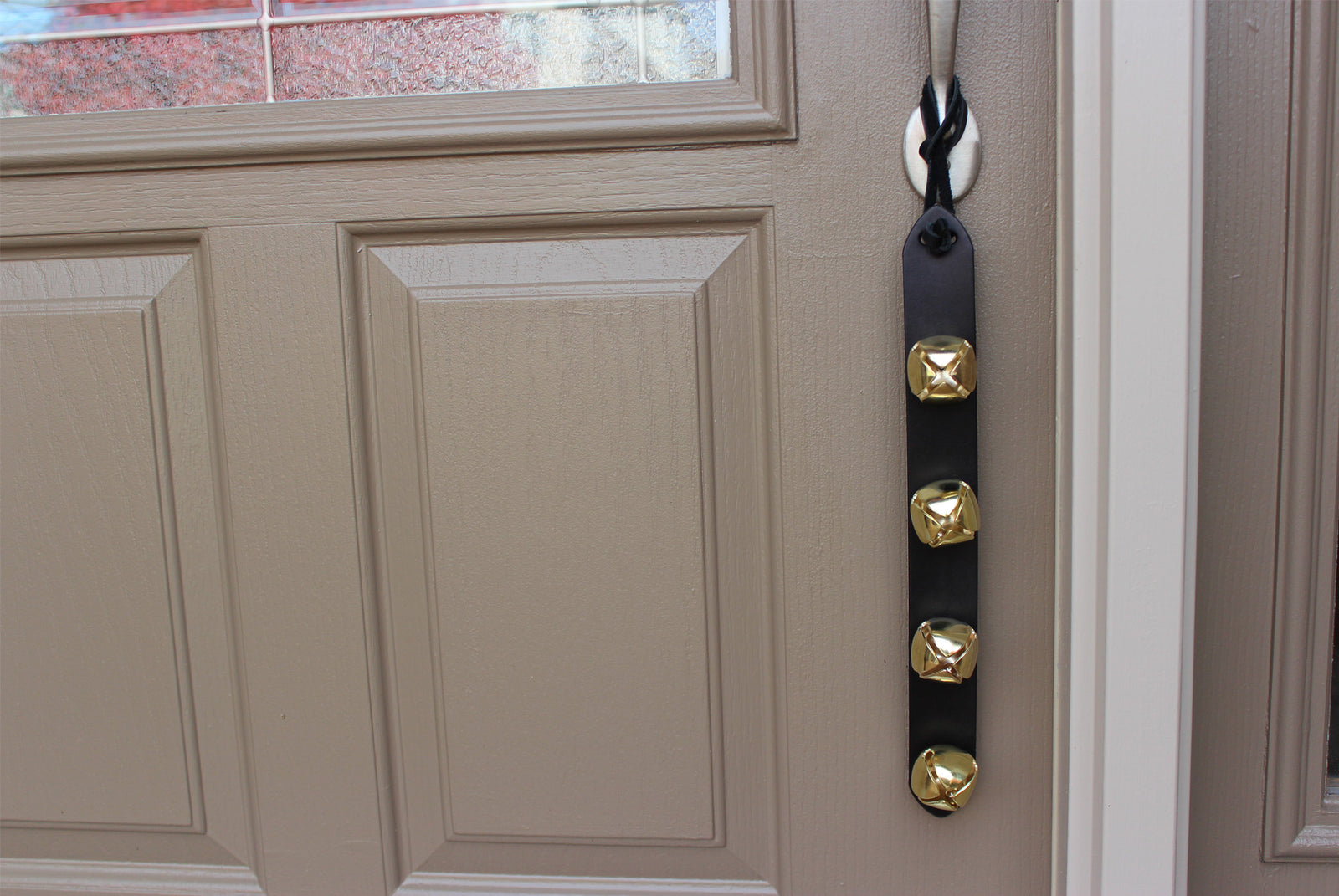 Black Leather Holiday Door Bell With Leather String Attachment (Ships
