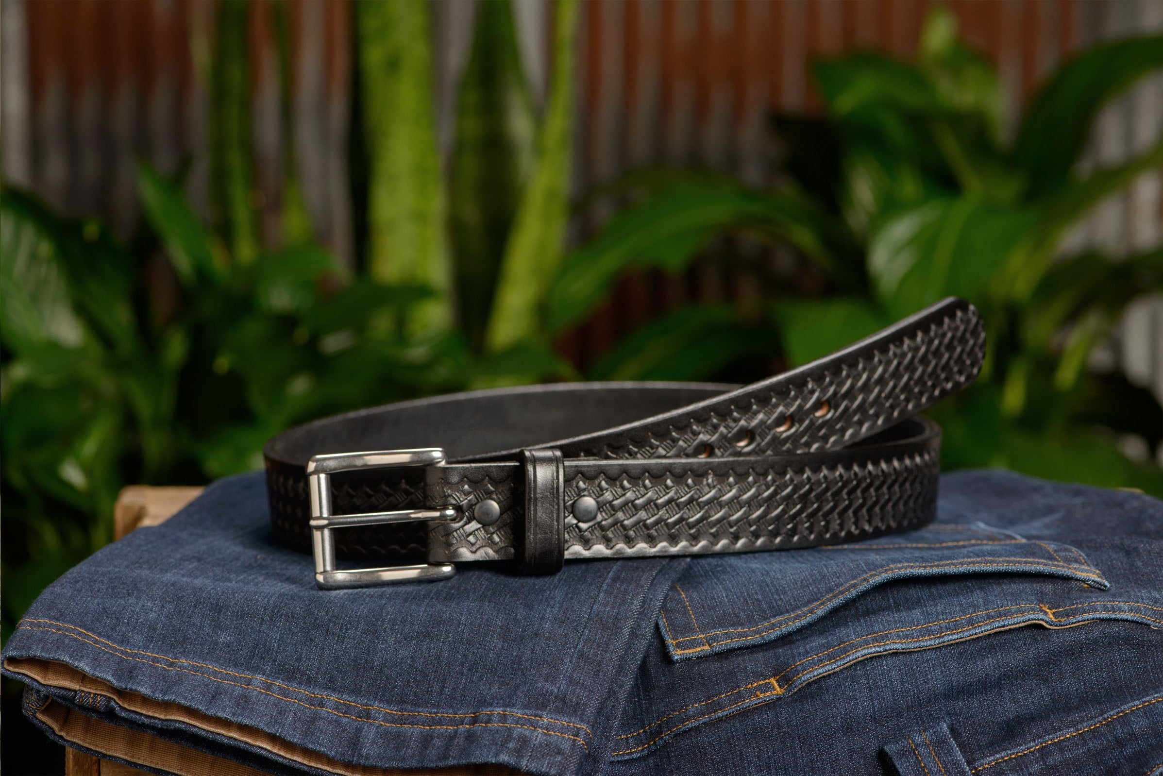 Mens Black Basket Weave Leather Belt 1.5"