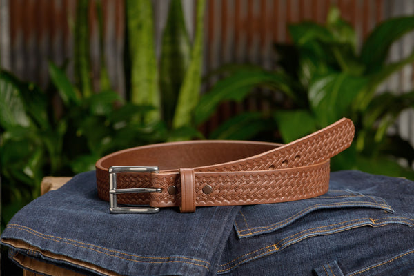 The Eastwood: Men's Caramel Tan Basket Weave Leather Belt Max Thick 1.50" - Amish Made Belts