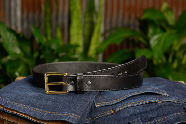 The Eastwood: Men's Black Stitched Leather Belt Max Thick With Brass 1.50" - Amish Made Belts