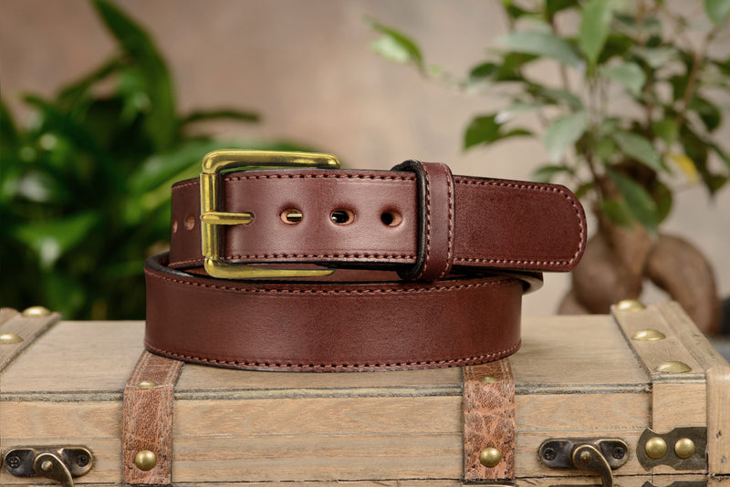 The Eastwood: Men's Brown Stitched Leather Belt Max Thick With Brass 1.50" - Amish Made Belts