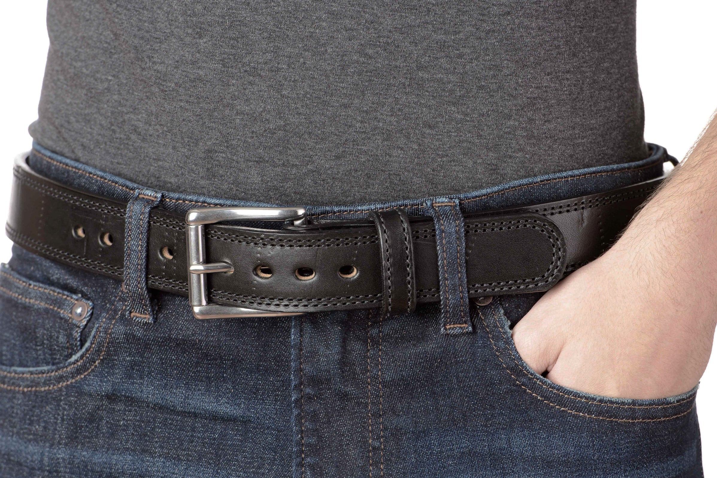 Black Leather Belt with Double Stitching & Distressed Marks