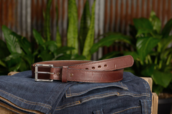 The Bomber: Men's Brown Double Stitched With Distressed Marks Leather Belt 1.50" - Amish Made Belts