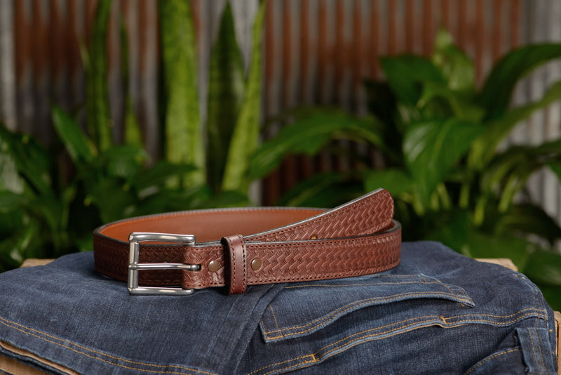 The Norris: Brown Stitched Basket Weave Max Thick With Steel Core 1.50" - Amish Made Belts