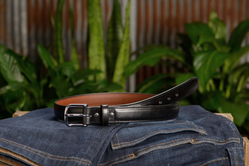 The Stallion: Black Stitched Italian Leather With Steel Core 1.25" - Amish Made Belts