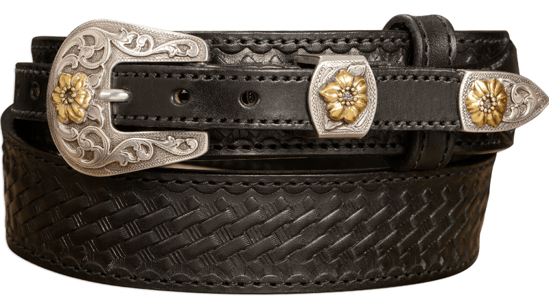 The Texan: Black Stitched Basket Weave Western Ranger 1.50" - Amish Made Belts