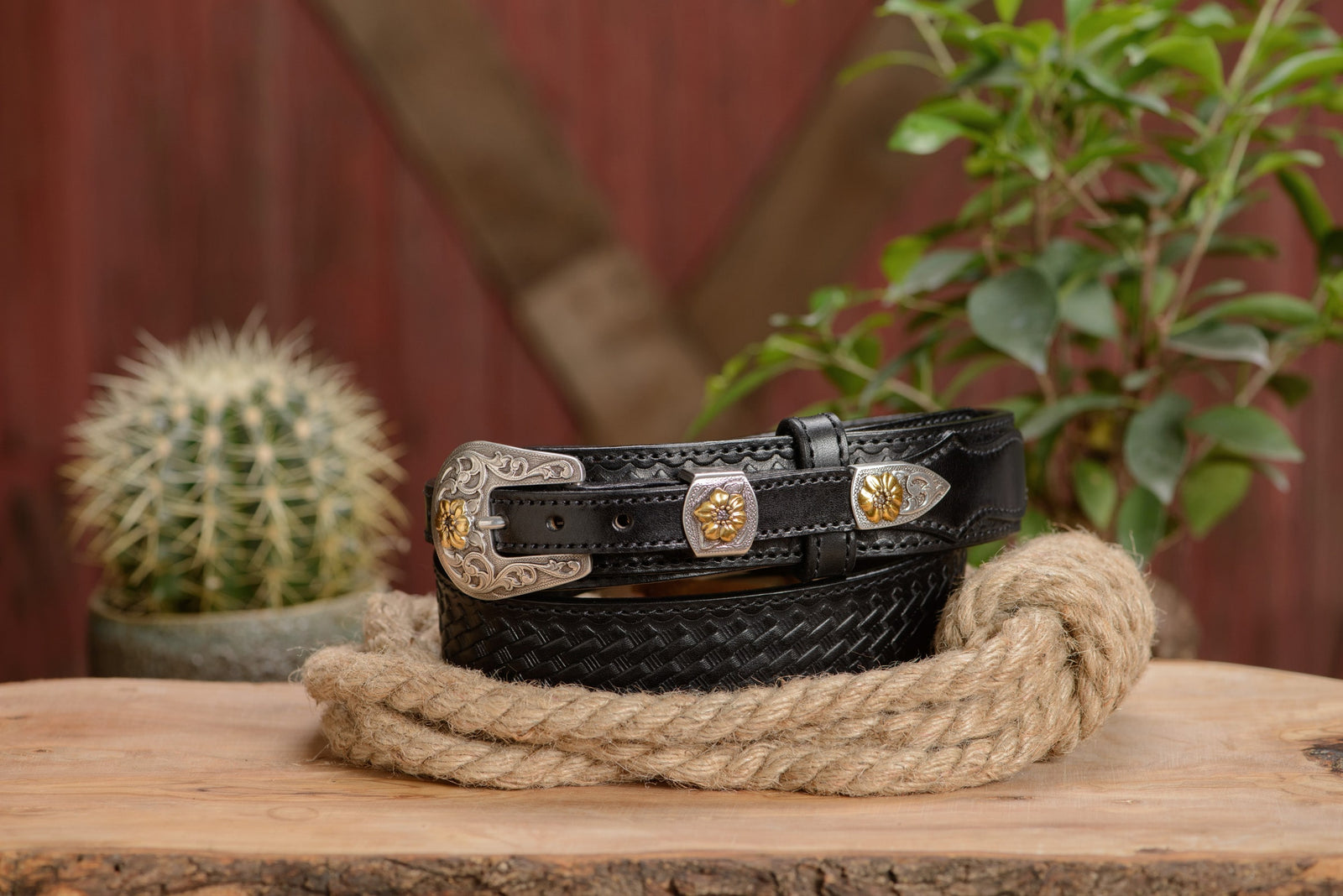 The Texan: Black Western Ranger Belt with Stitched Basket Weave