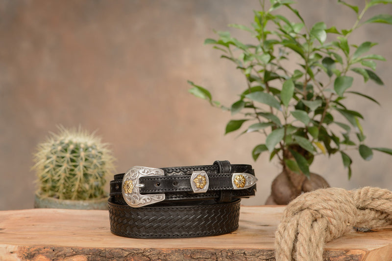 The Texan: Black Stitched Basket Weave Western Ranger 1.50" - Amish Made Belts