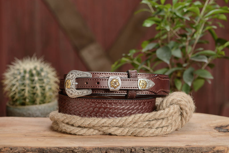 The Texan: Brown Stitched Basket Weave Western Ranger 1.50" - Amish Made Belts