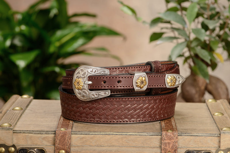 The Texan: Brown Stitched Basket Weave Western Ranger 1.50" - Amish Made Belts