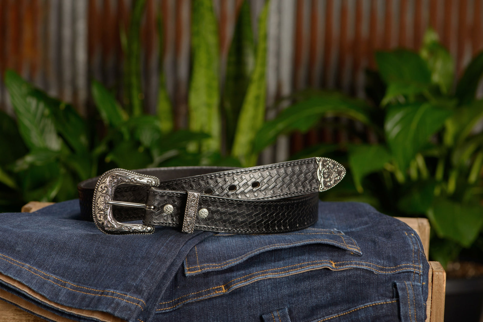 【MAISON MINED】22SS★ WESTERN WEAVING BELT The Wayne: Men's Black Stitched Basket Weave Western Leather