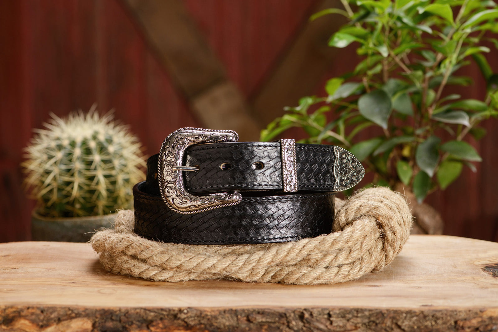 The Wayne: Men's Black Stitched Basket Weave Western Leather Belt 1.50