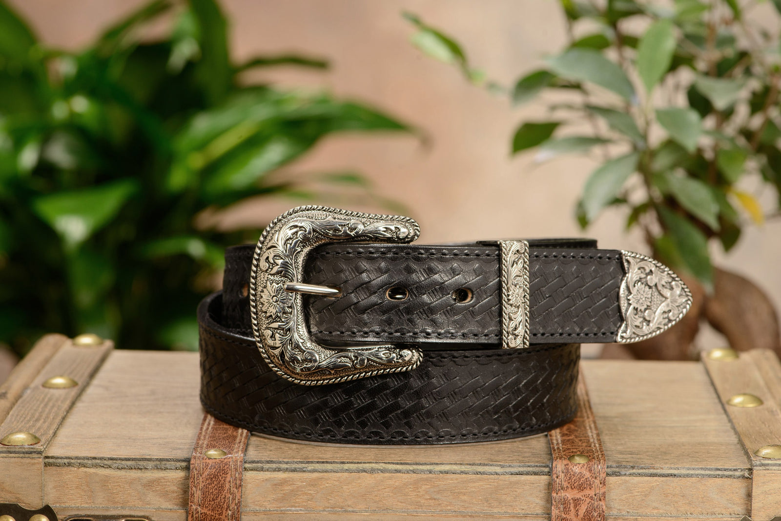 Men's Black Stitched Basket Weave Western Leather Belt