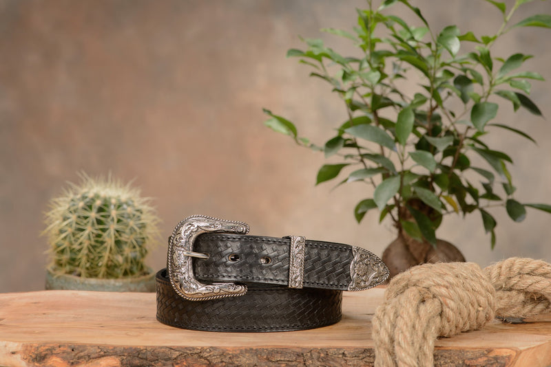 The Wayne: Men's Black Stitched Basket Weave Western Leather Belt 1.50" - Amish Made Belts
