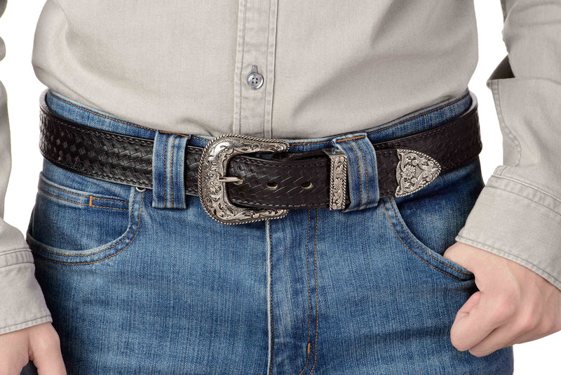 The Wayne: Men's Black Stitched Basket Weave Western Leather Belt 1.50" - Amish Made Belts