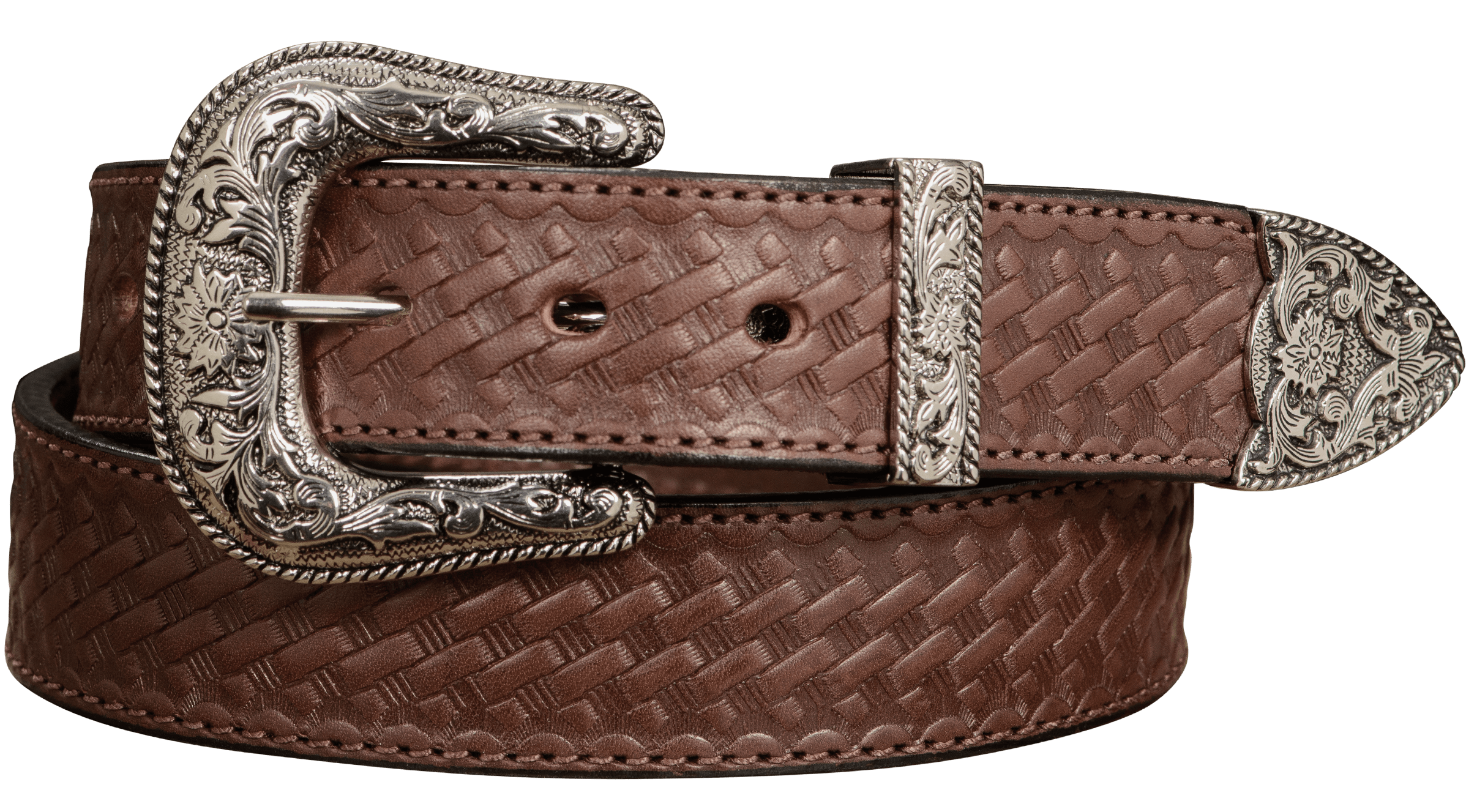 The Wayne: Men's Brown Stitched Basket Weave Western Leather Belt 1.50 ...