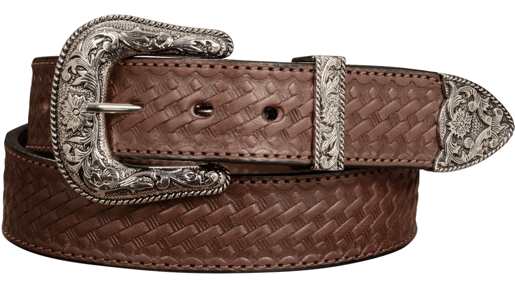 Men's Brown Stitched Basket Weave Western Leather Belt - The Wayne