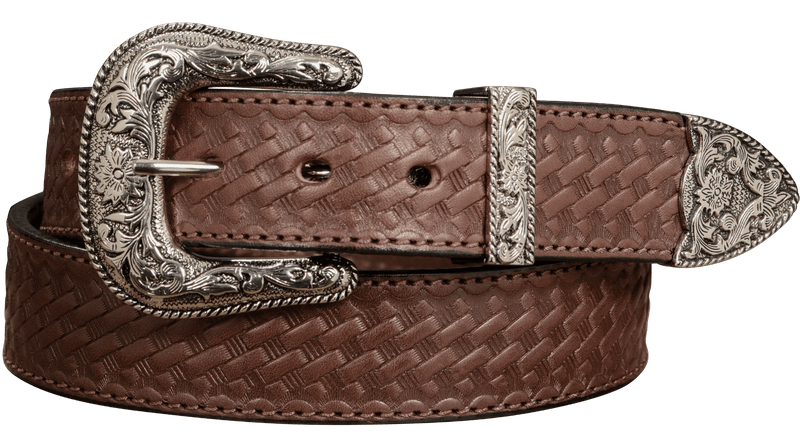 The Wayne: Men's Brown Stitched Basket Weave Western Leather Belt 1.50" - Amish Made Belts