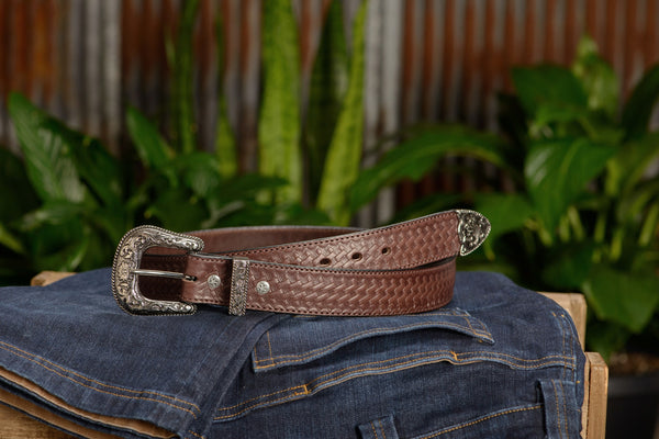 The Wayne: Men's Brown Stitched Basket Weave Western Leather Belt 1.50" - Amish Made Belts