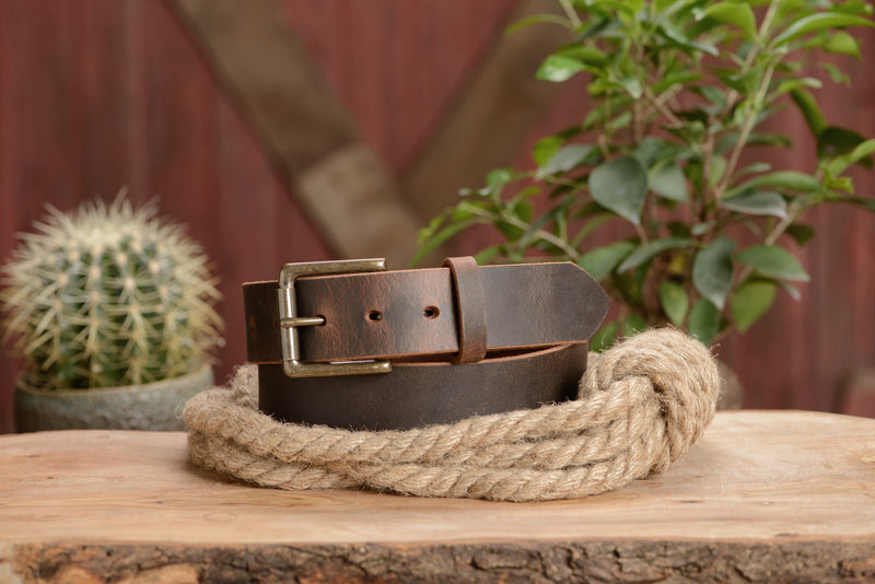 The Crazy Horse: Men's Rustic Brown Non Stitched Leather Belt 1.50" - Amish Made Belts