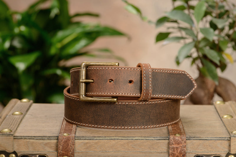 The Crazy Horse: Men's Rustic Brown Stitched Leather Belt 1.50" - Amish Made Belts