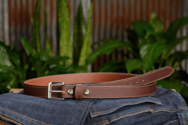 The Lakota: Brown Stitched Water Buffalo With Snaps 1.25" - Amish Made Belts