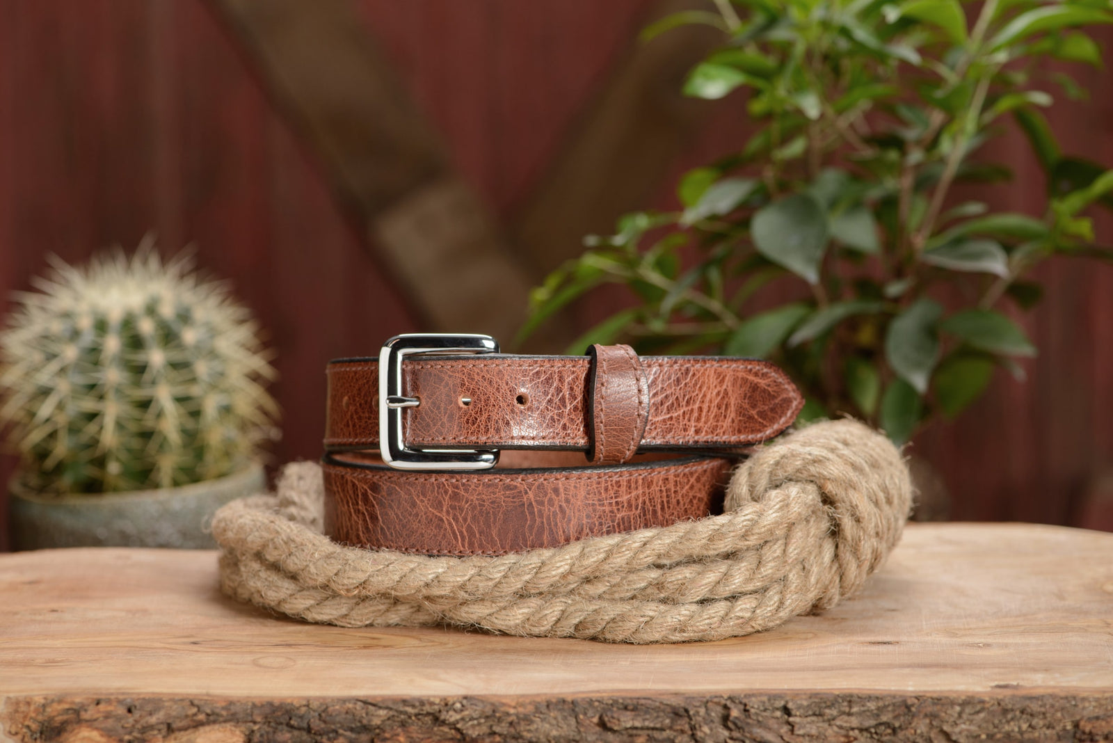 Rustic Brown Leather Belt | Stitched Water Buffalo W/ Snaps 