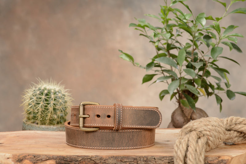 The Crazy Horse: Men's Rustic Brown Stitched Leather Belt Max Thick With Steel Core 1.50" - Amish Made Belts