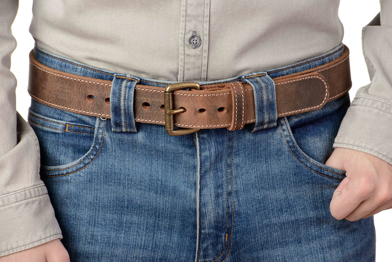 The Crazy Horse: Men's Rustic Brown Stitched Leather Belt Max Thick 1.50" - Amish Made Belts