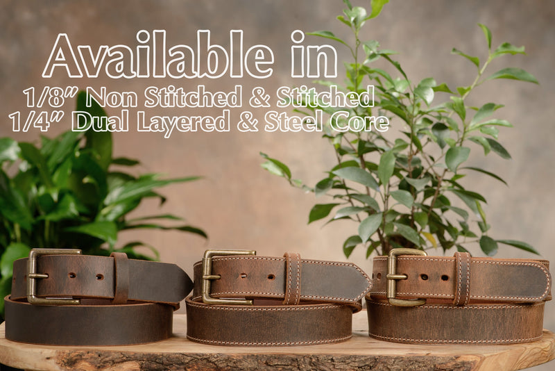 The Crazy Horse: Men's Rustic Brown Stitched Leather Belt Max Thick 1.50" - Amish Made Belts
