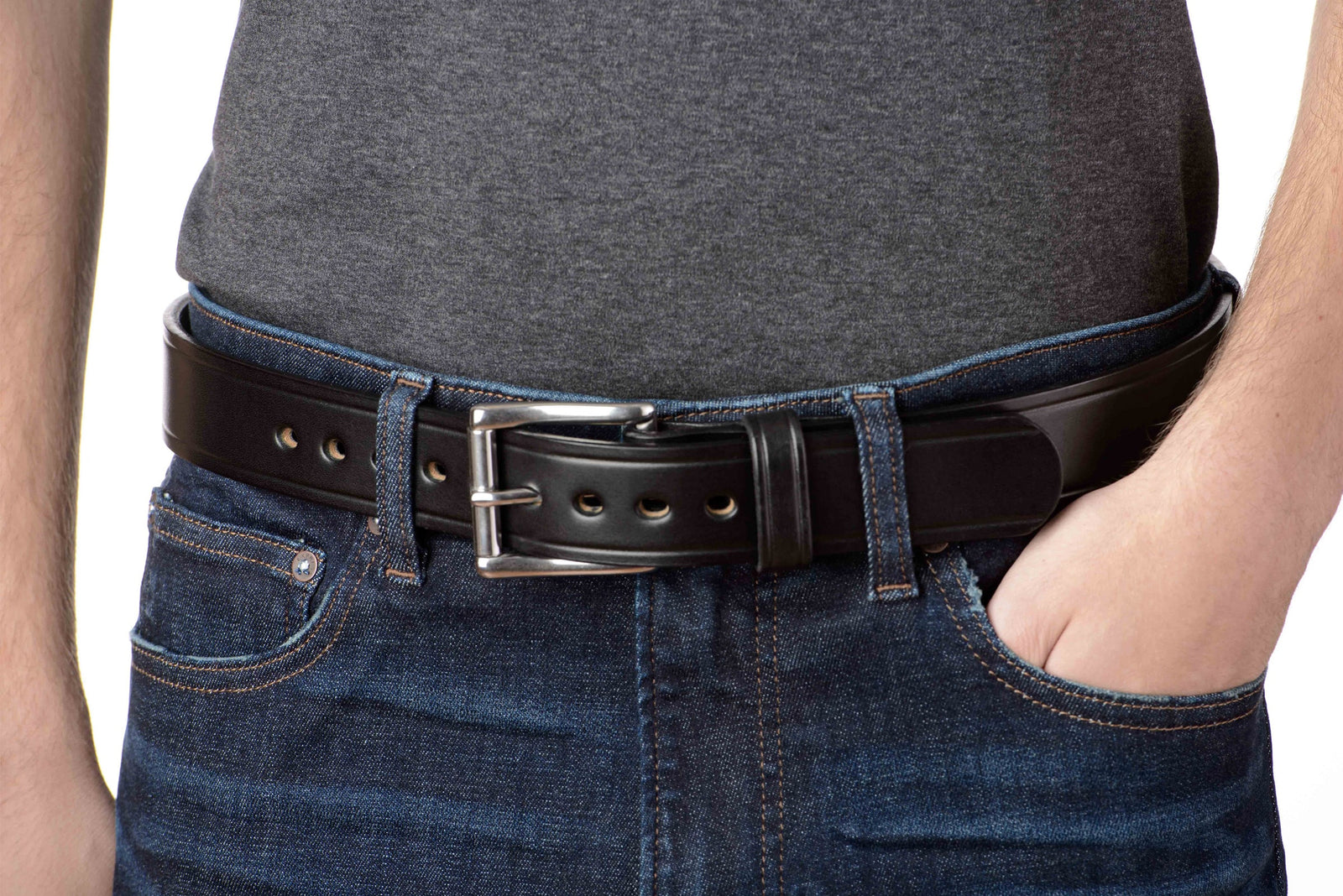 Men's Black Leather Belt with Creased Accent - The Eastwood