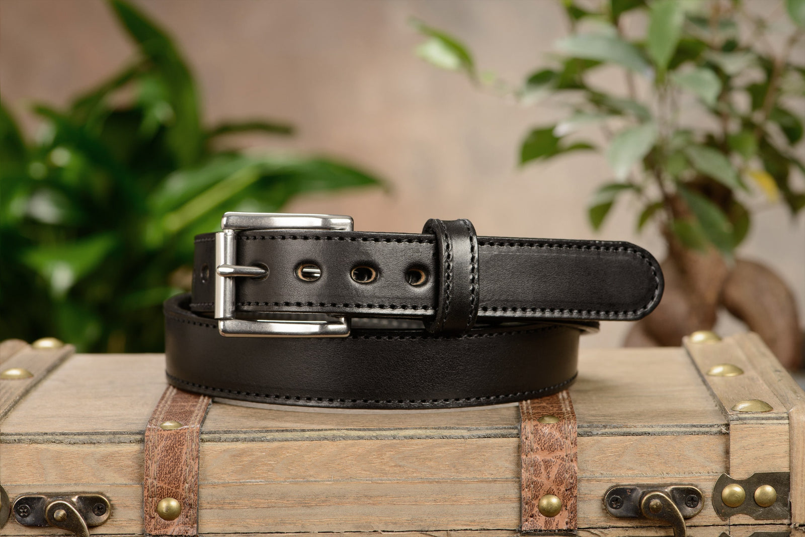 Men's Black Stitched Leather Belt Max Thick - The Eastwood